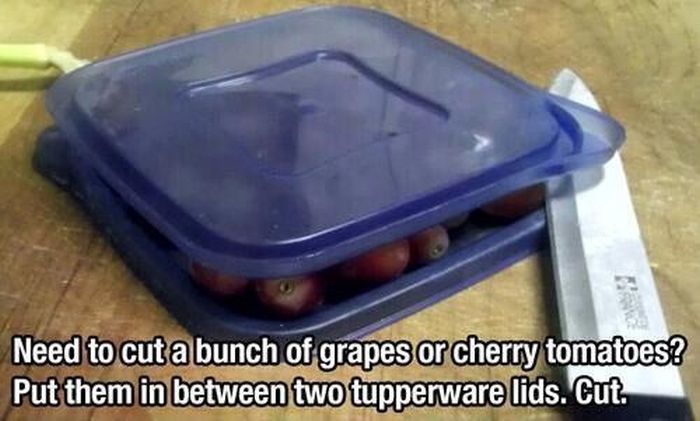 To cut small foods, place in between 2 tupperware lids.